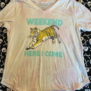 Awake Tiger Graphic V-Neck Tee in Cream and Pastel